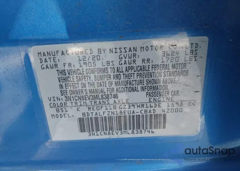 2021 Nissan Versa Sv Xtronic Cvt from USA, damaged, VIN 3N1CN8EV3ML838746